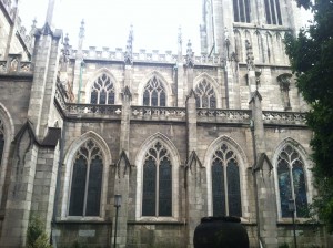 View of the main facade, reflecting a heavily gothic style, from the garden.