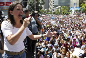 Opposition leader Maria Corina Machado speaks during a protest against President Nicolas Maduro's government in Caracas