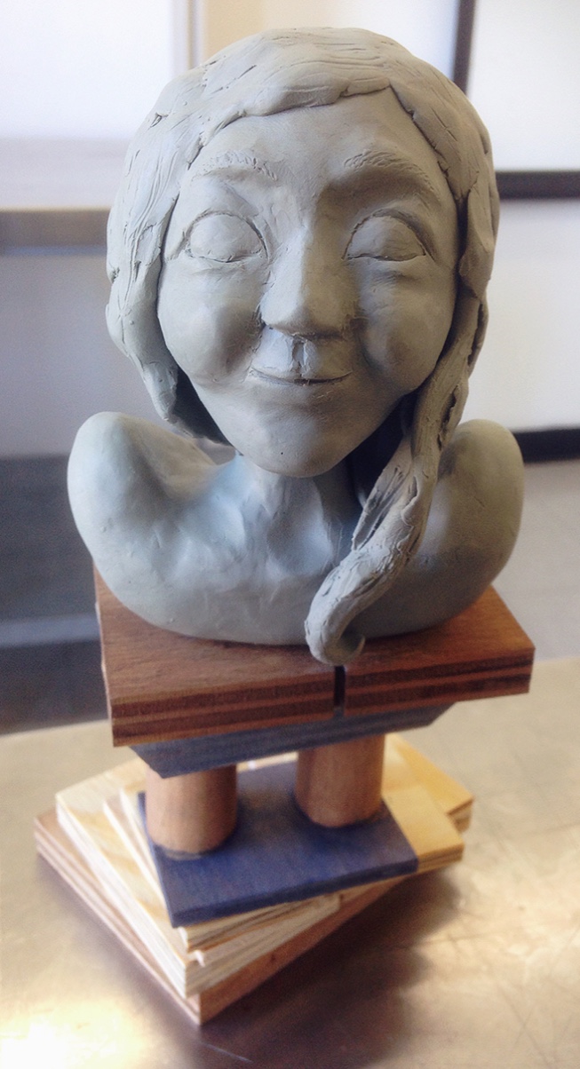 Sculpture: Clay Portrait Bust+Wood Pedestal