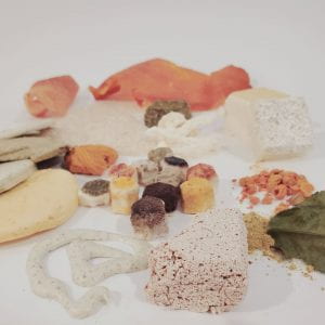 Bioplastic samples are scattered on a white background. The samples are all different; most are yellow, white, green, or orange. Some samples are square, some are octagonal, and some are free-form.