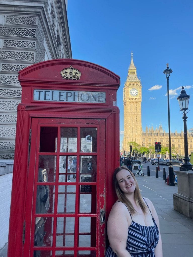 This image is me, standing alongside a red London telephone booth with Big Ben in the background.