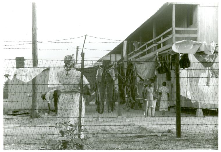 Schomburg Center for Research in Black Culture, Photographs and Prints Division, The New York Public Library. "The barbed-wire enclosed camp for migratory workers at the Cannon [Canning] Company of Bridgeville, Delaware." The New York Public Library Digital Collections. 1940. http://digitalcollections.nypl.org/items/510d47df-f92e-a3d9-e040-e00a18064a99