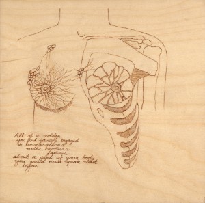 Image Number 01. "Hope Springs Eternal". Hand burned engraving on pine panel, 12 inches x 12 inches. 11/15. Professor Noel Claro, Professor Lauren Redniss. Senior Thesis Semester 1. A study of my mother's breast cancer procedures and their affects on feminity and power. Quote shown from the book A Breast Cancer Alphabet by Madhulika Sikka.