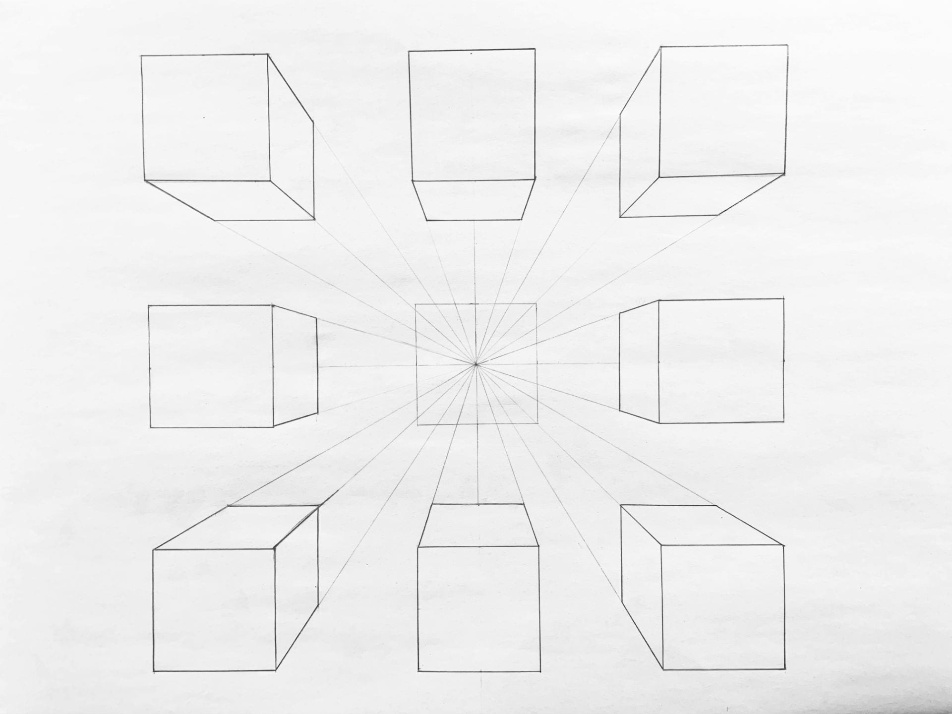 9 Cubes in One Point Perspective